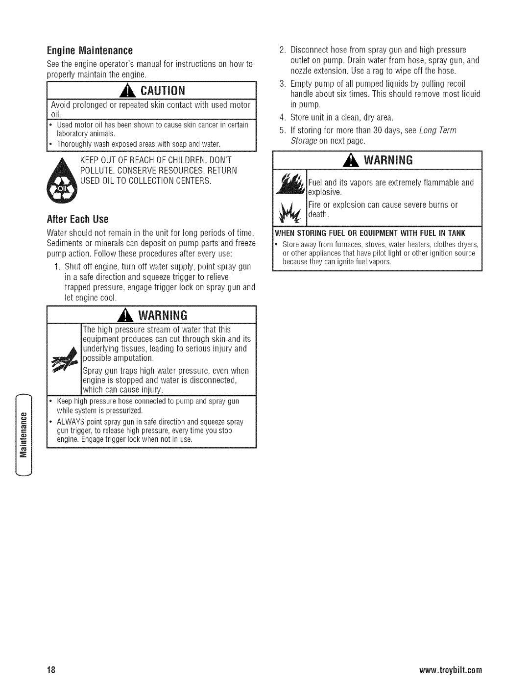 Troy-Bilt 203779GS manual EngineMaintenance, After EachUse, Engine.Engagetriggerlockwhennotin use 