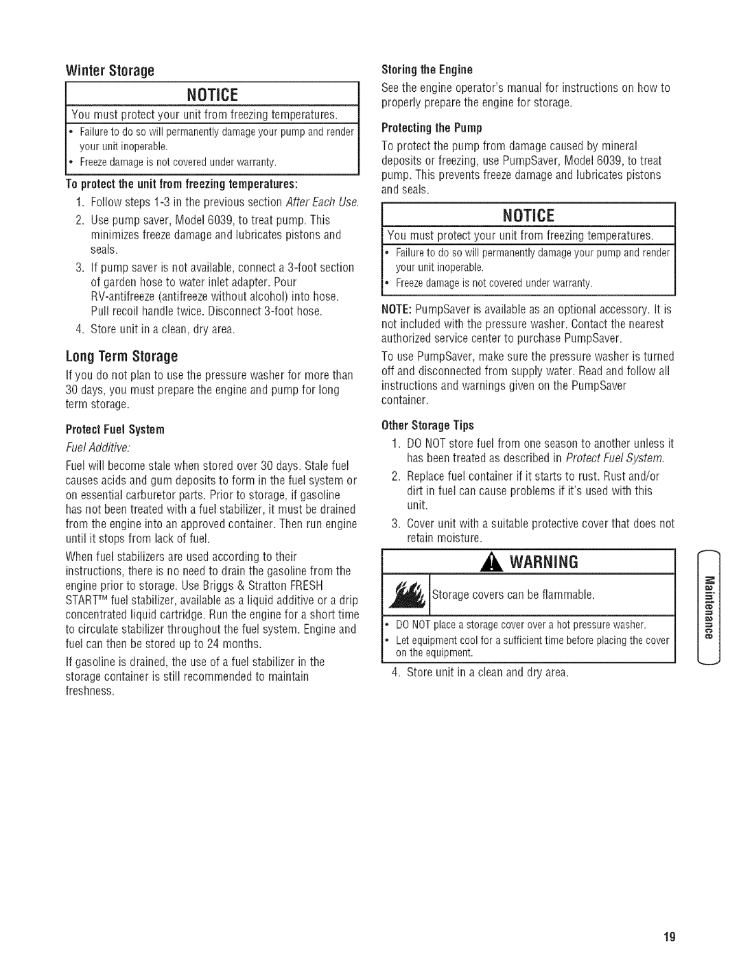 Troy-Bilt 203779GS manual Winter Storage, LongTermStorage, To protectthe unit from freezing temperatures 