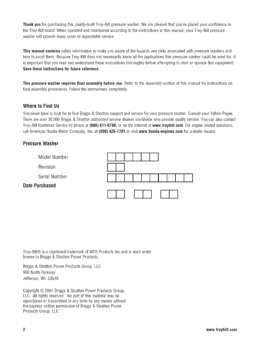 Troy-Bilt 203779GS manual FTq FTq FTq FTq, Where to Find Us PressureWasher 