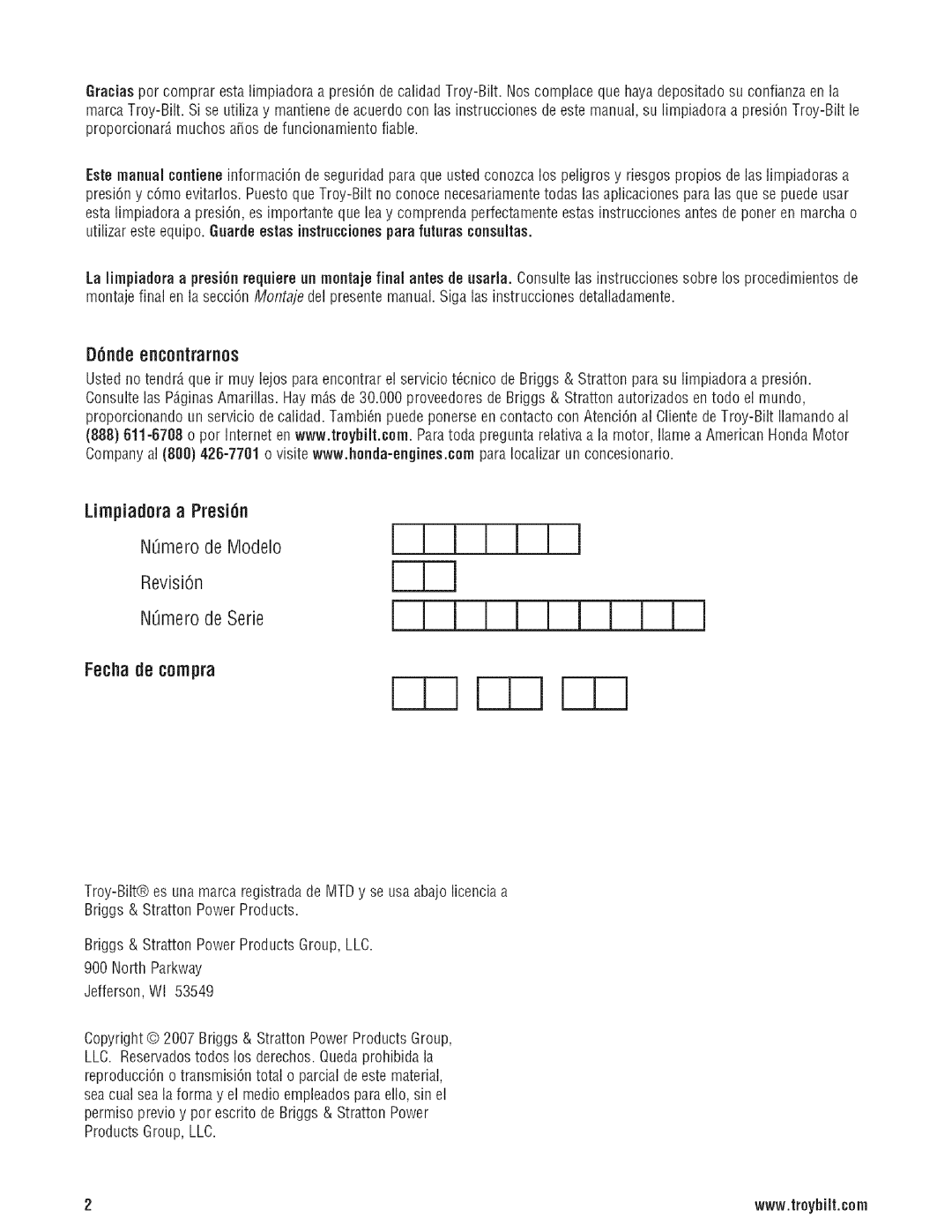 Troy-Bilt 203779GS manual Fecha de cornpra, B6nd8 ellcorltrarlos 