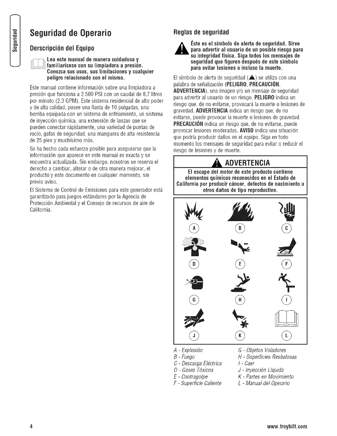 Troy-Bilt 203779GS Seguridad de Operario, Reglasde seguridad, TDerscdpcidndel Equipo, Otrosdafios de tipo reproductive 