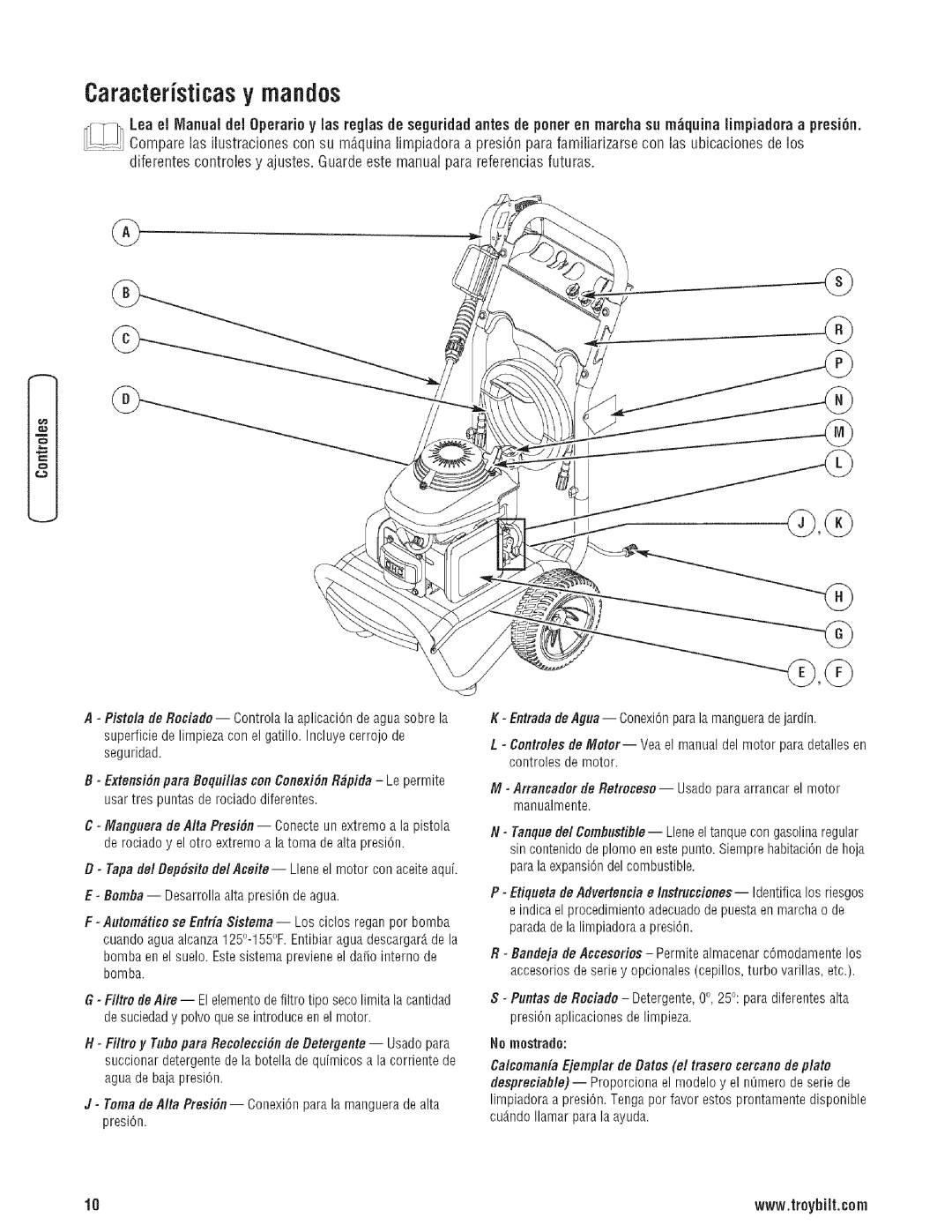 Troy-Bilt 203779GS manual Caracteristicas y rnafldos, No mostrade 