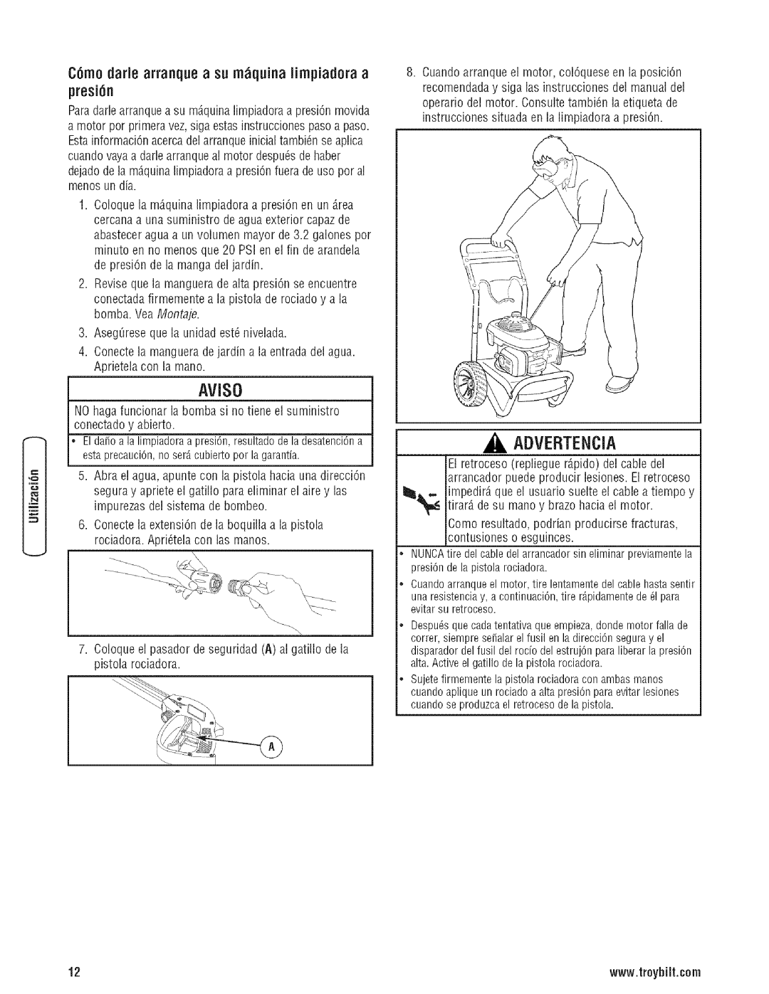 Troy-Bilt 203779GS manual AVlSO, C6mo dale arranquea su rn quina lirnpiadoraa presi6n 