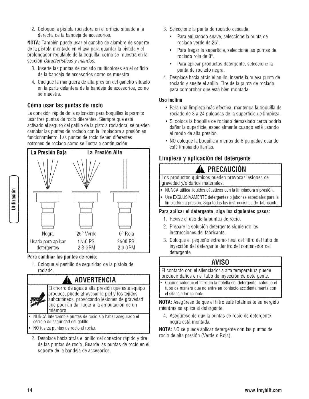 Troy-Bilt 203779GS manual C6mo usarlas puntasde rocio, Limpiezay apiicaci6n dei detergente 