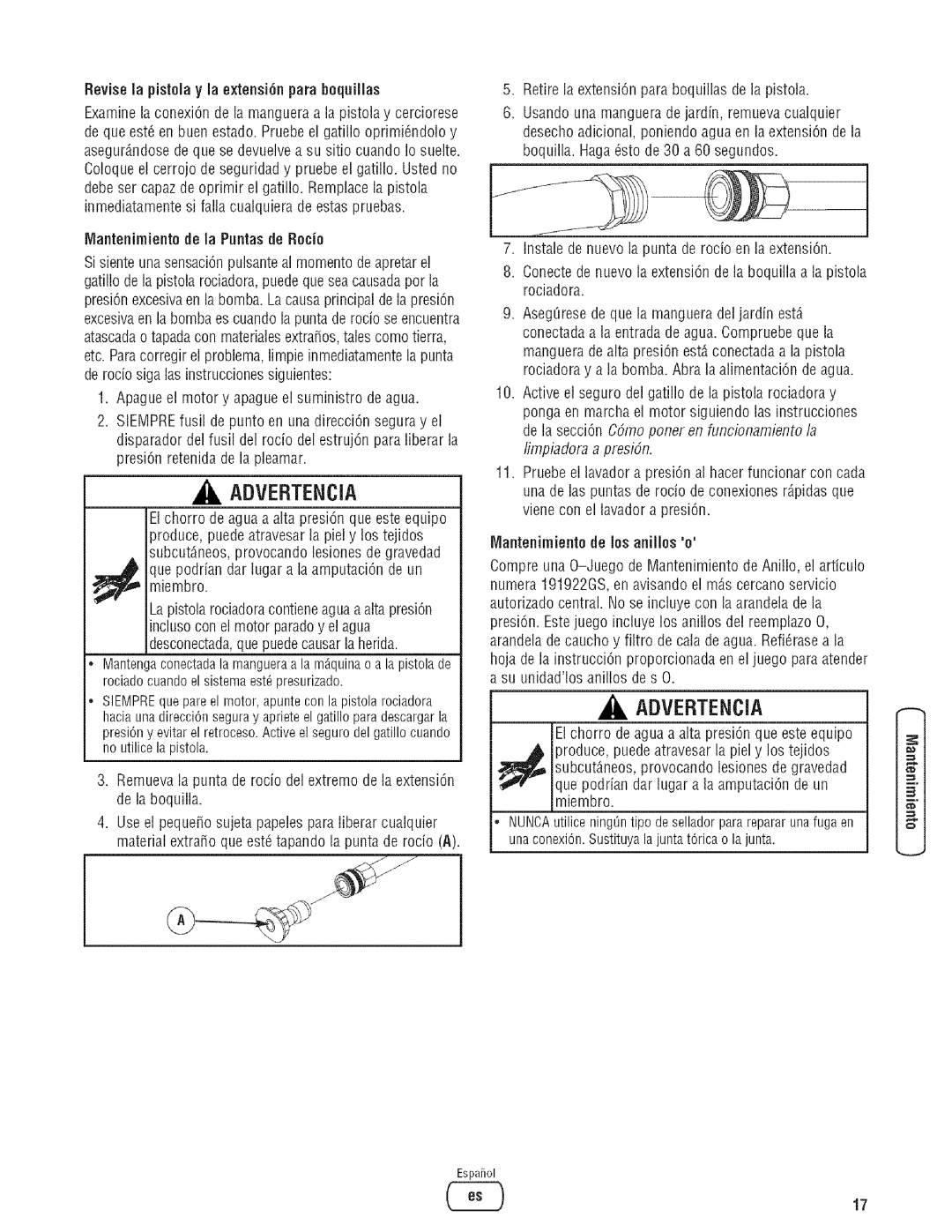 Troy-Bilt 203779GS manual Revise la pistela y la extensi6n para bequillas, IVlantenimientede la Puntasde Retie 