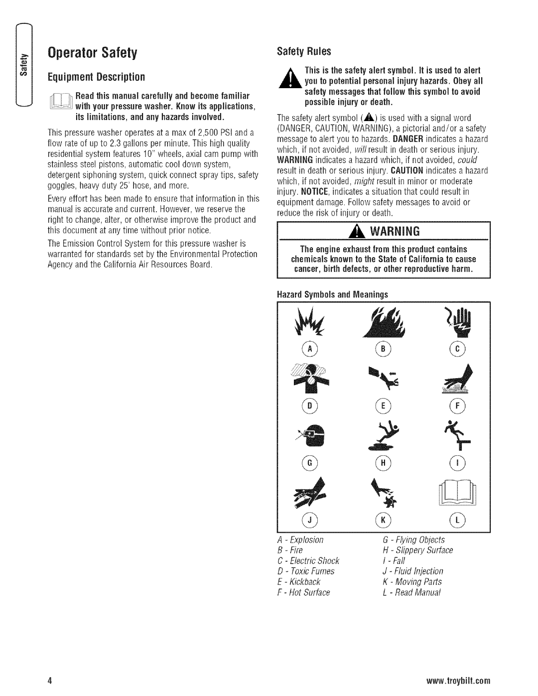 Troy-Bilt 203779GS OperatorSafety, EquipmentDescription, SafetyRules, Read this manual carefully and become familiar 