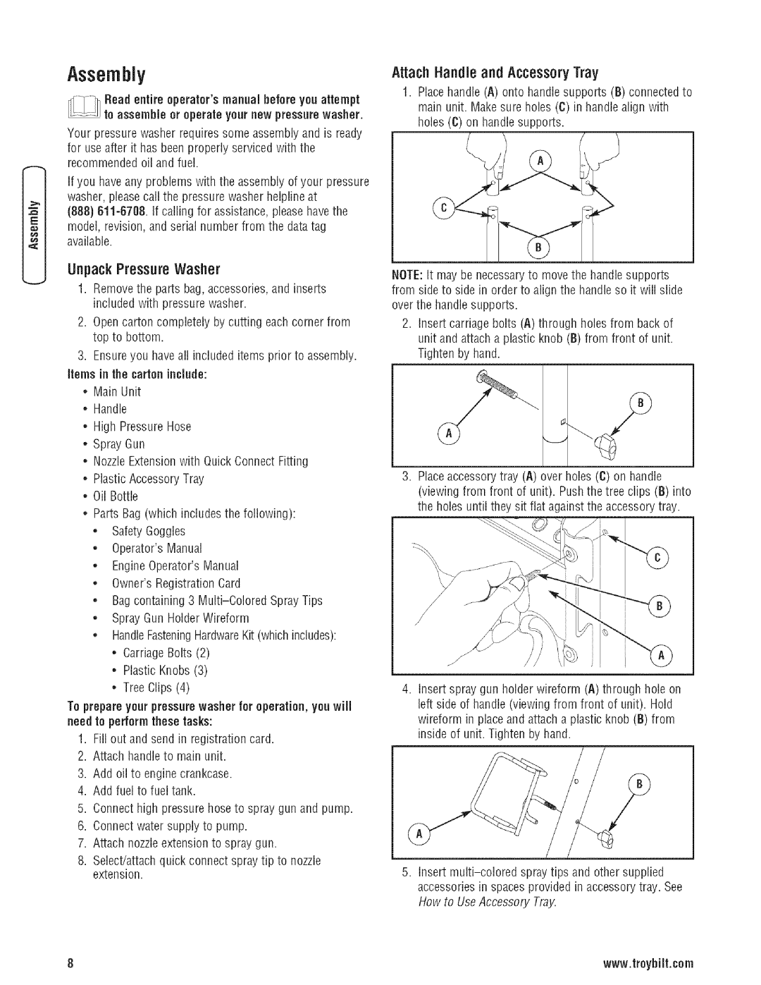 Troy-Bilt 203779GS manual Assembly, UnpackPressureWasher, Attach Handle and AccessoryTray 