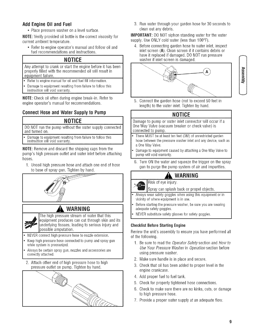 Troy-Bilt 203779GS manual Add EnjineOil and Fuel, Connect Hose and Water Supply to Pump, 3ossible amputation 