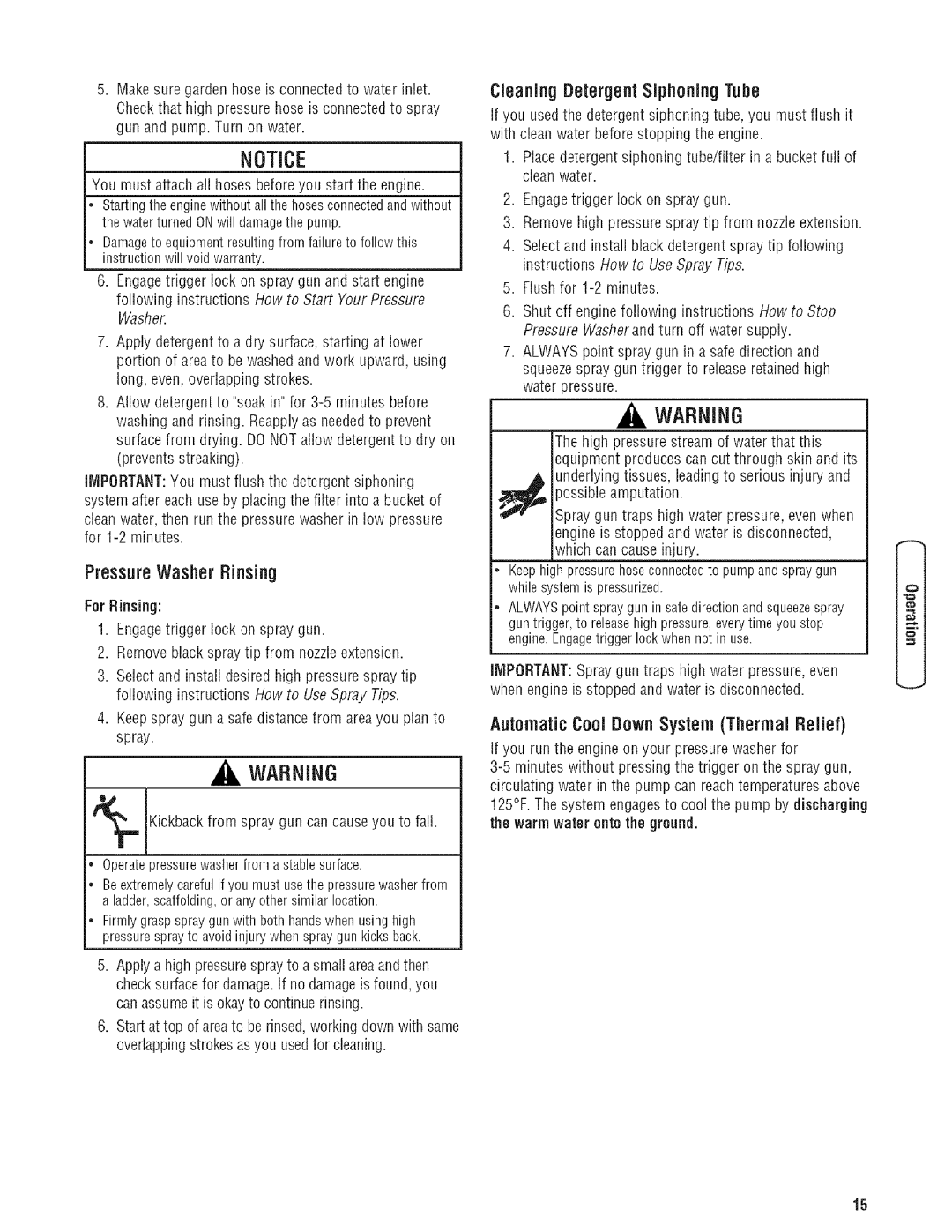 Troy-Bilt 203779GS manual Notice, PressureWasher Rinsing, Cleaning Detergent Siphoning Tube 