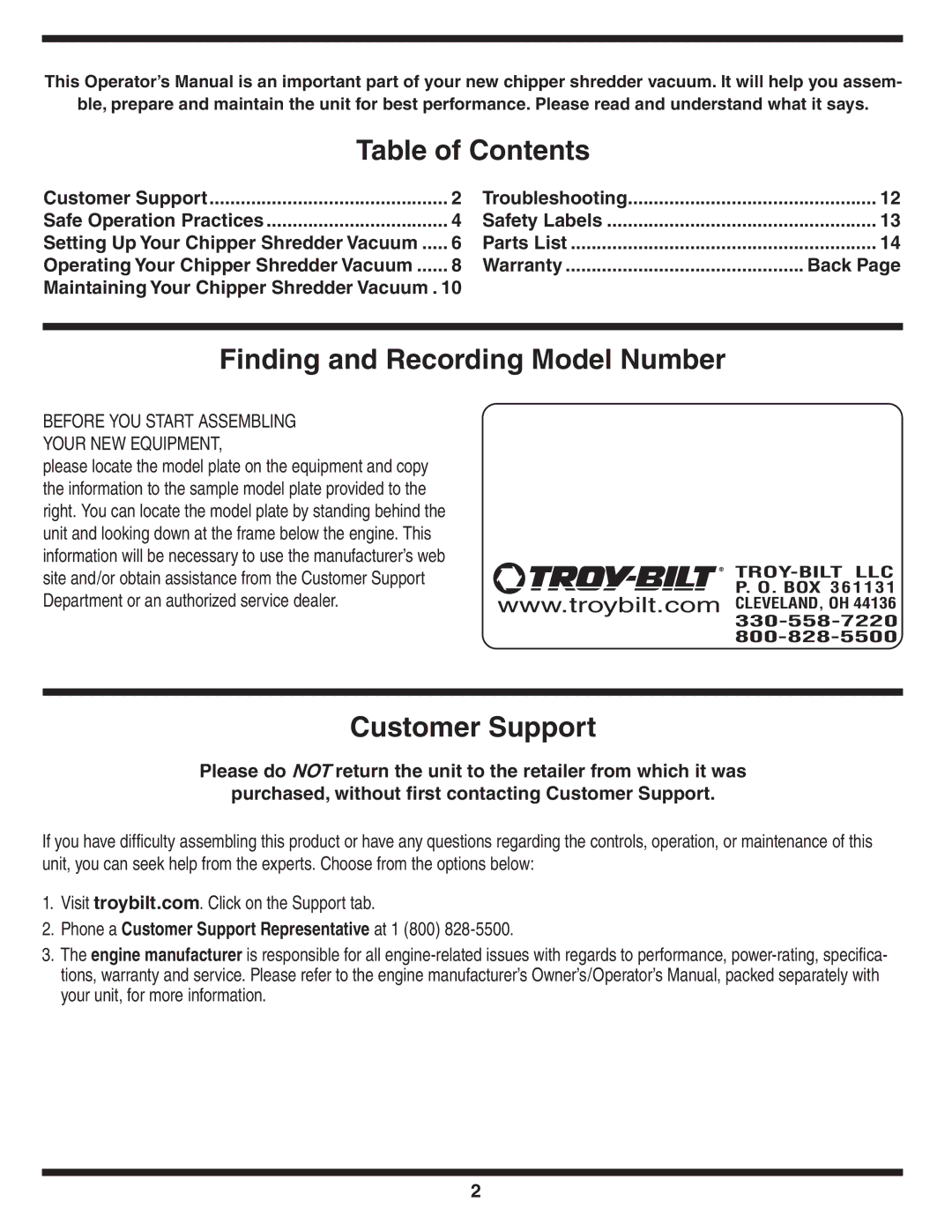 Troy-Bilt 204 warranty Table of Contents, Finding and Recording Model Number, Customer Support 