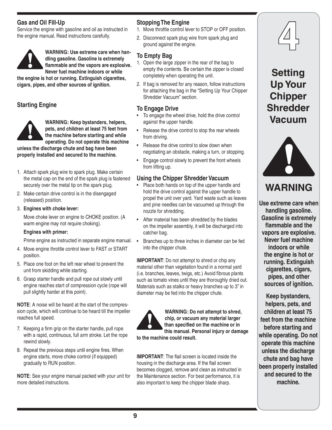 Troy-Bilt 204 warranty Gas and Oil Fill-Up, Starting Engine, Stopping The Engine, To Empty Bag, To Engage Drive 