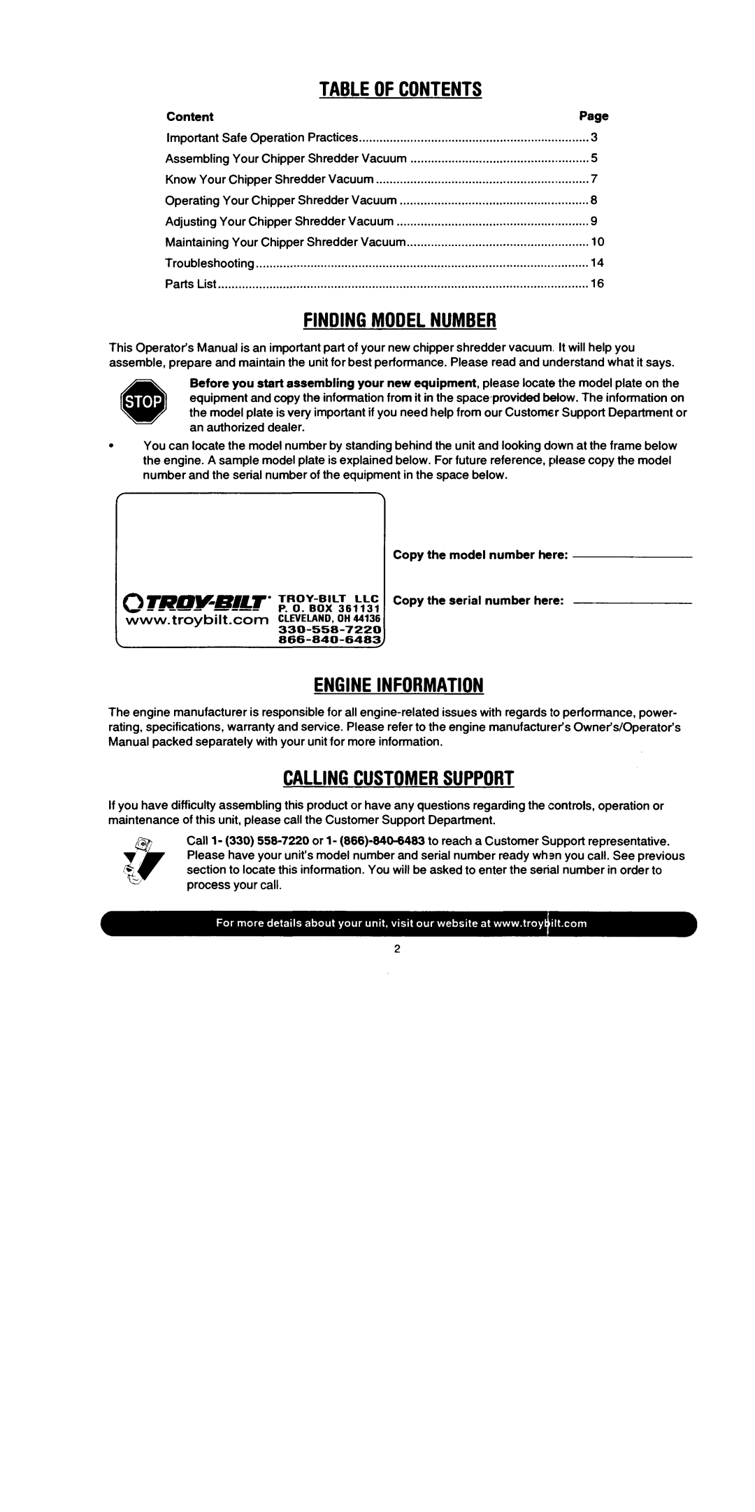 Troy-Bilt 204 manual 