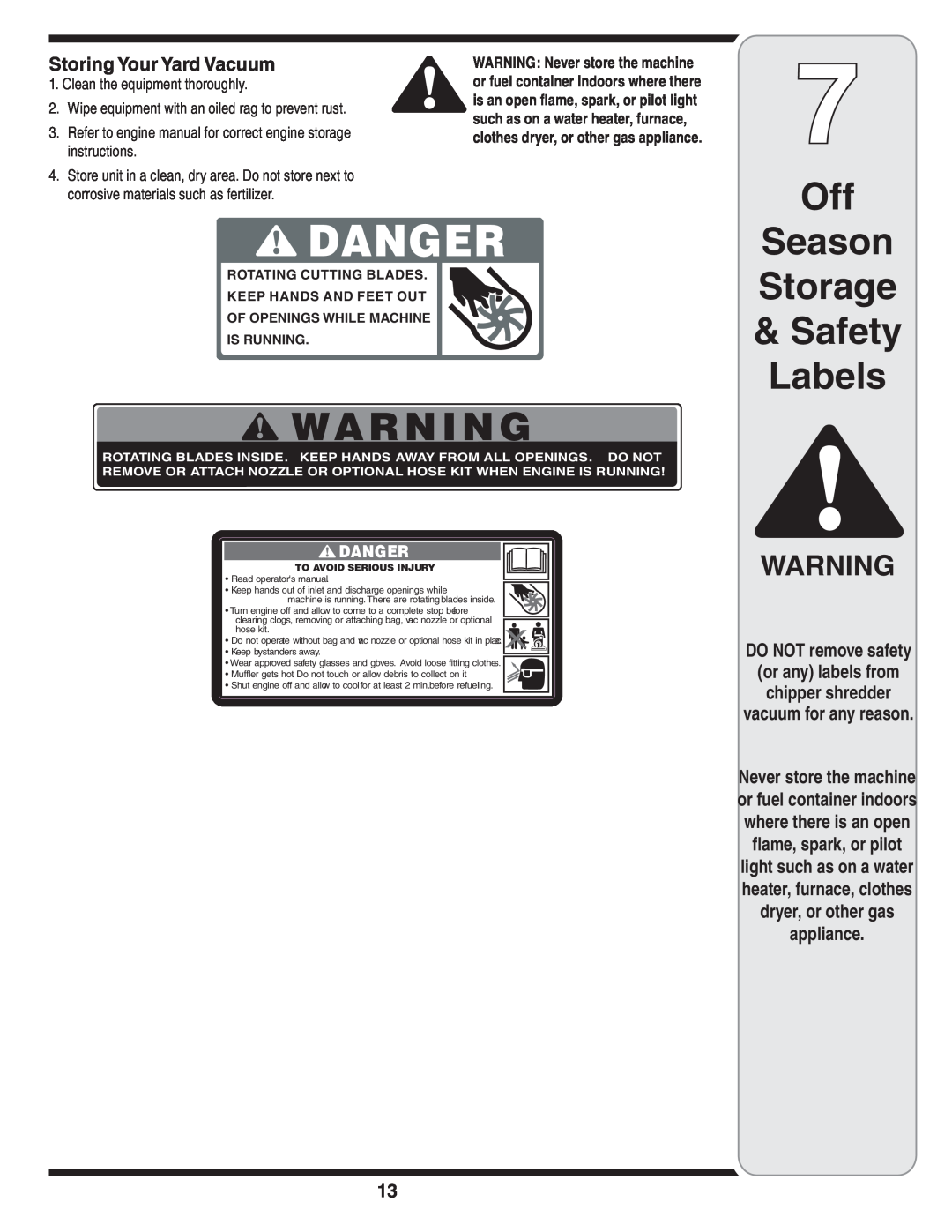 Troy-Bilt 204 warranty Season Storage Safety Labels, Storing Your Yard Vacuum, vacuum for any reason, Danger, S30183 