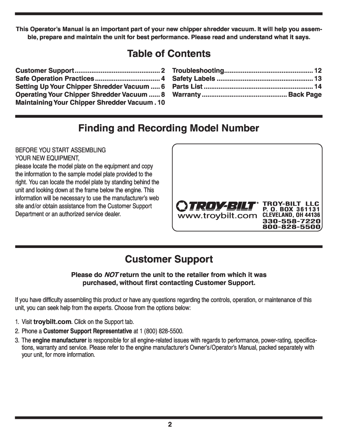 Troy-Bilt 204 Table of Contents, Finding and Recording Model Number, Customer Support, Safe Operation Practices, Back Page 