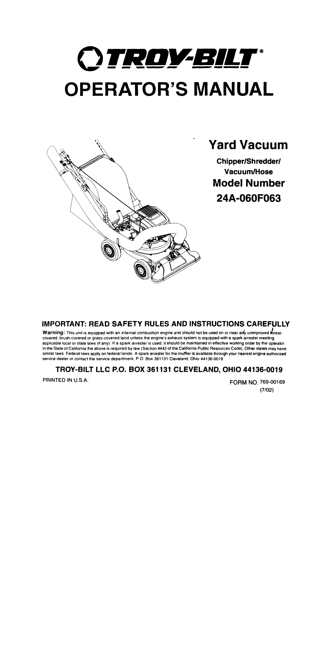 Troy-Bilt 24A-060F063 manual 