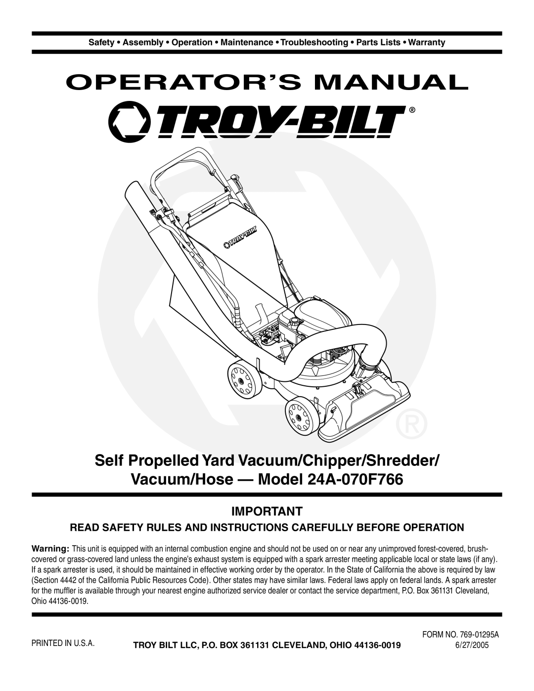 Troy-Bilt 24A-070F768 warranty OPERATOR’S Manual, 27/2005 