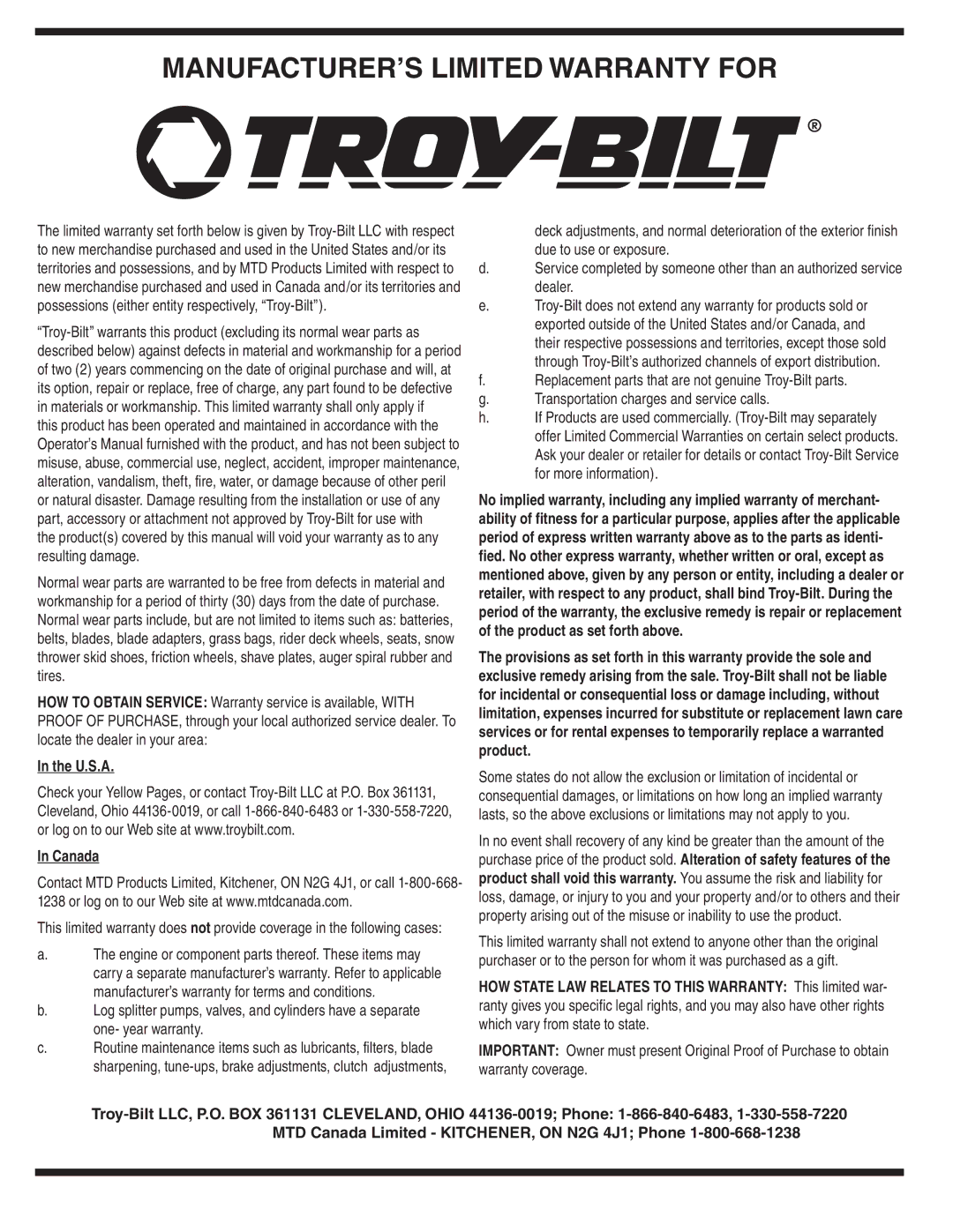 Troy-Bilt 24A-070F768 warranty MANUFACTURER’S Limited Warranty for, U.S.A Canada 