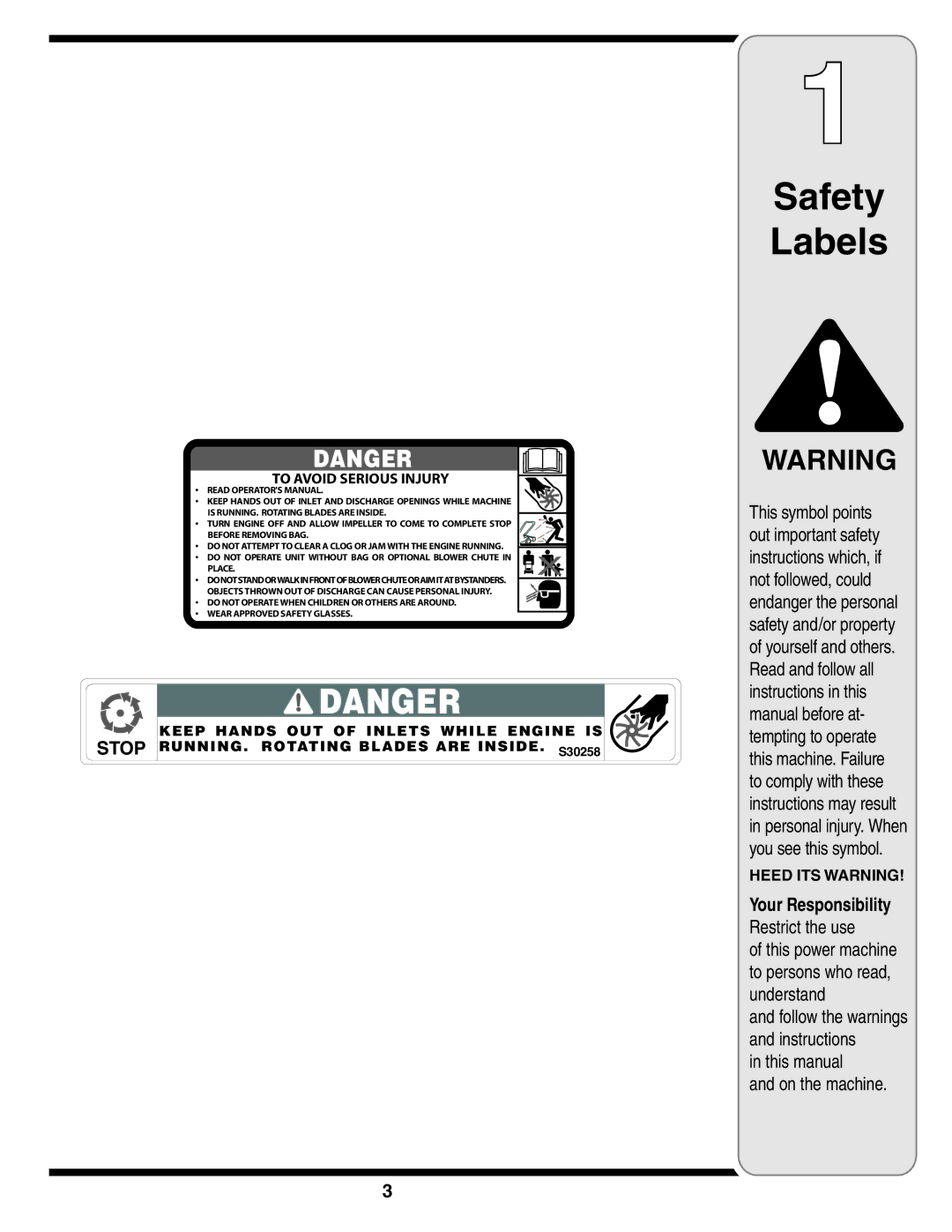 Troy-Bilt 24A-070F768 warranty Safety Labels, Your Responsibility Restrict the use 