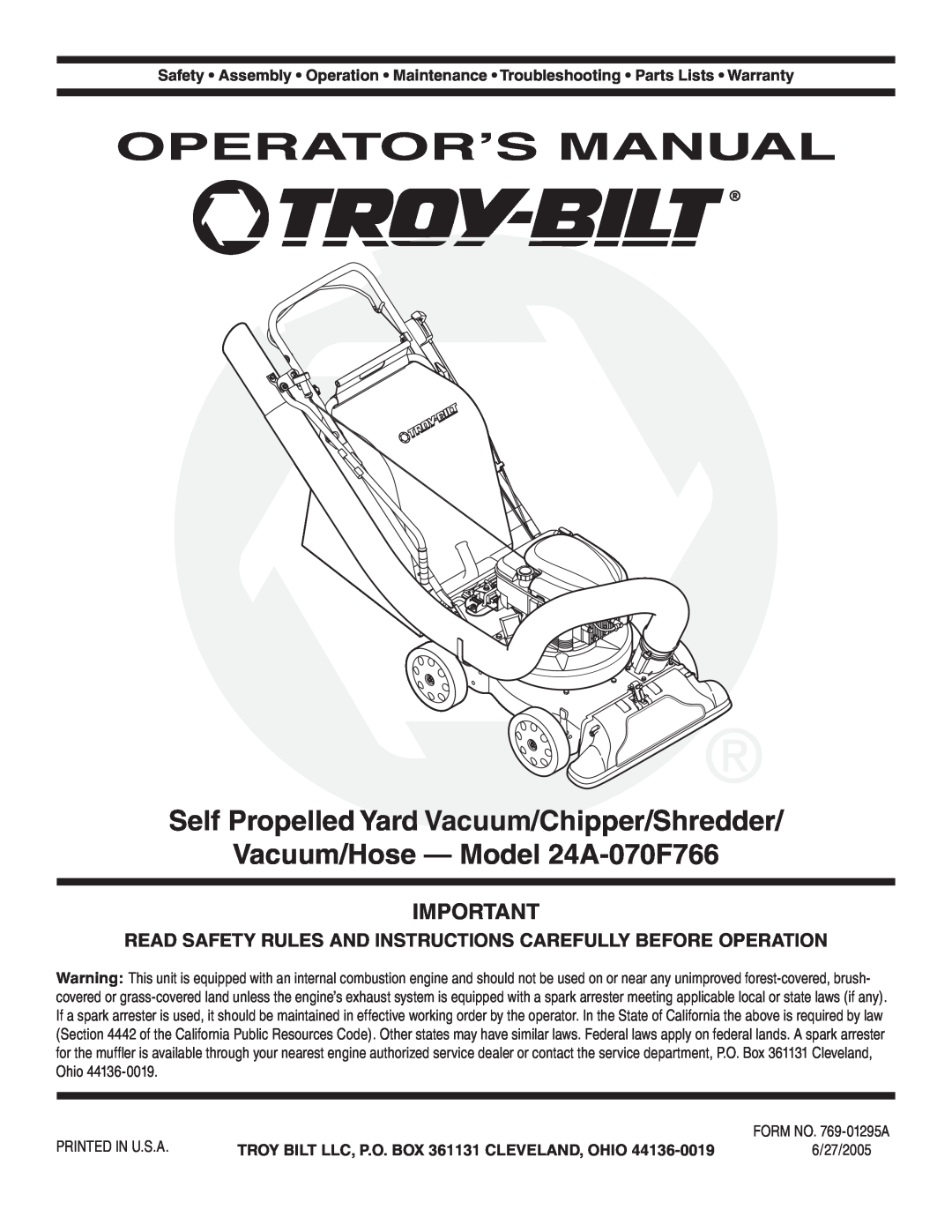 Troy-Bilt 24A-070F768 warranty Operator’S Manual, Self Propelled Yard Vacuum/Chipper/Shredder 