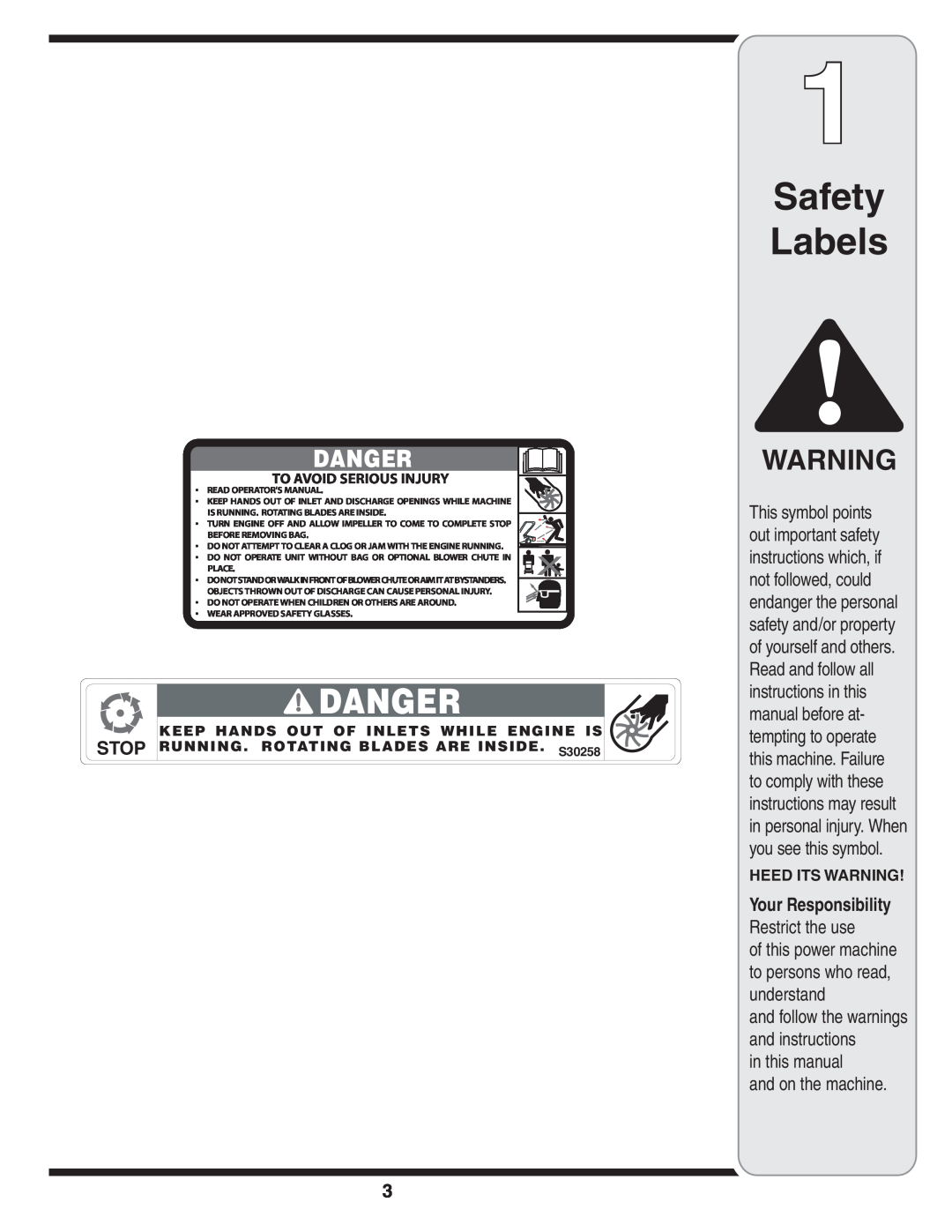 Troy-Bilt 24A-070F768 warranty Safety Labels, in this manual and on the machine, Heed Its Warning 
