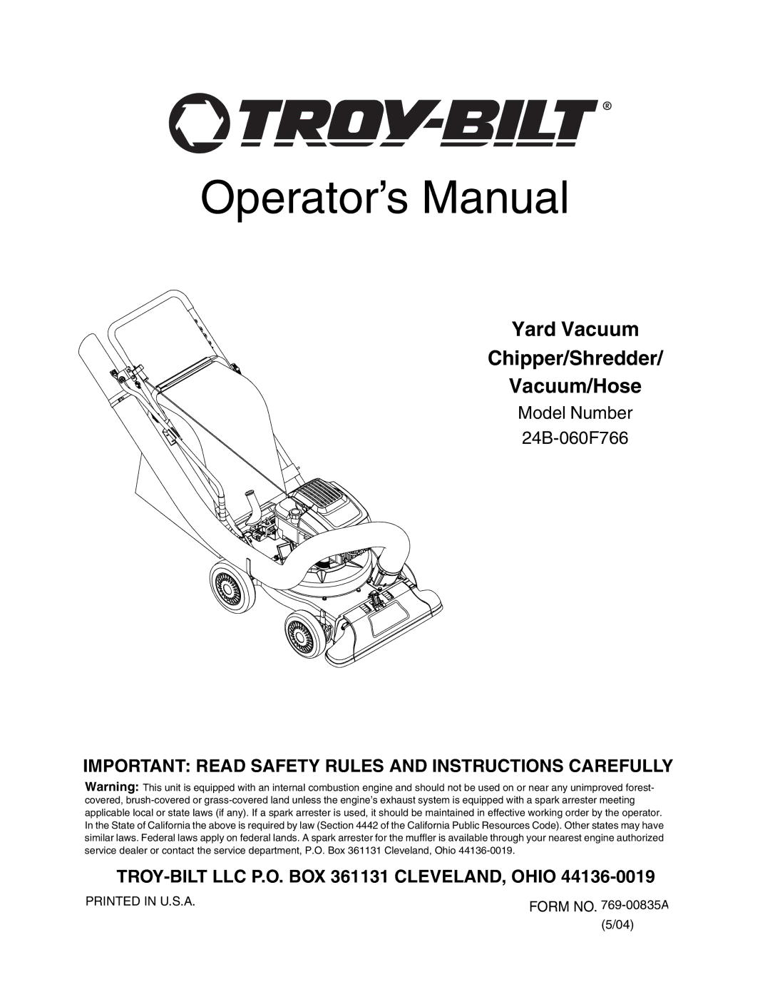 Troy-Bilt 24B-060F766 manual Operator’s Manual 