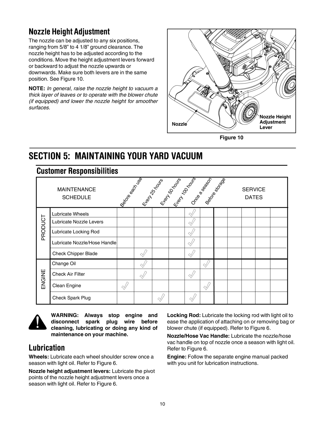 Troy-Bilt 24B-060F766 manual Nozzle Height Adjustment, Customer Responsibilities, Lubrication 