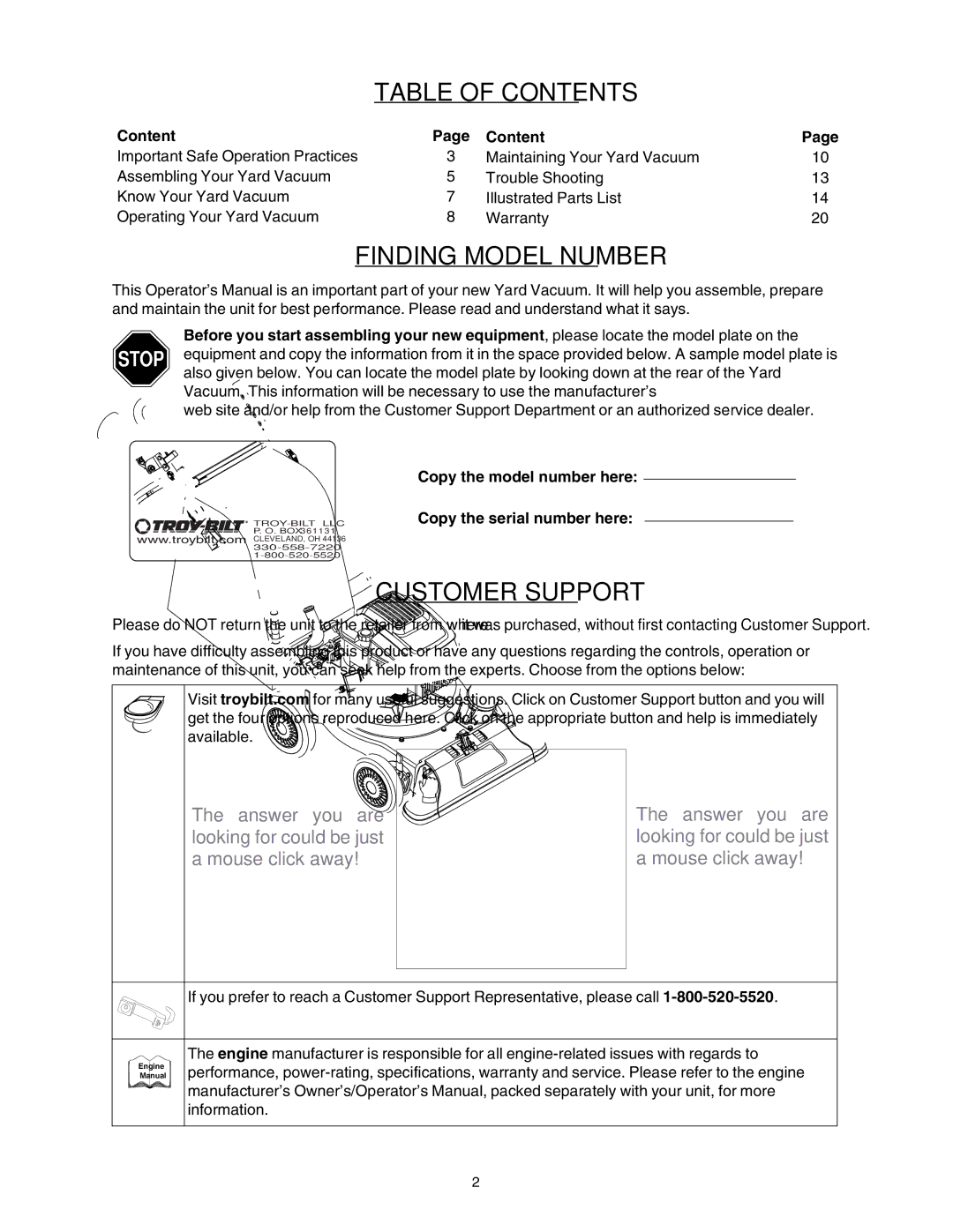 Troy-Bilt 24B-060F766 manual Table of Contents, Finding Model Number, Customer Support 