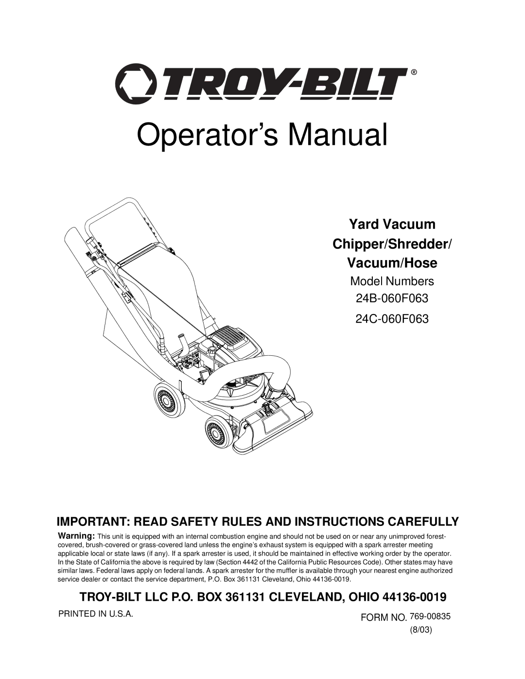 Troy-Bilt 24B-060F063, 24C-060F063 manual Operator’s Manual 