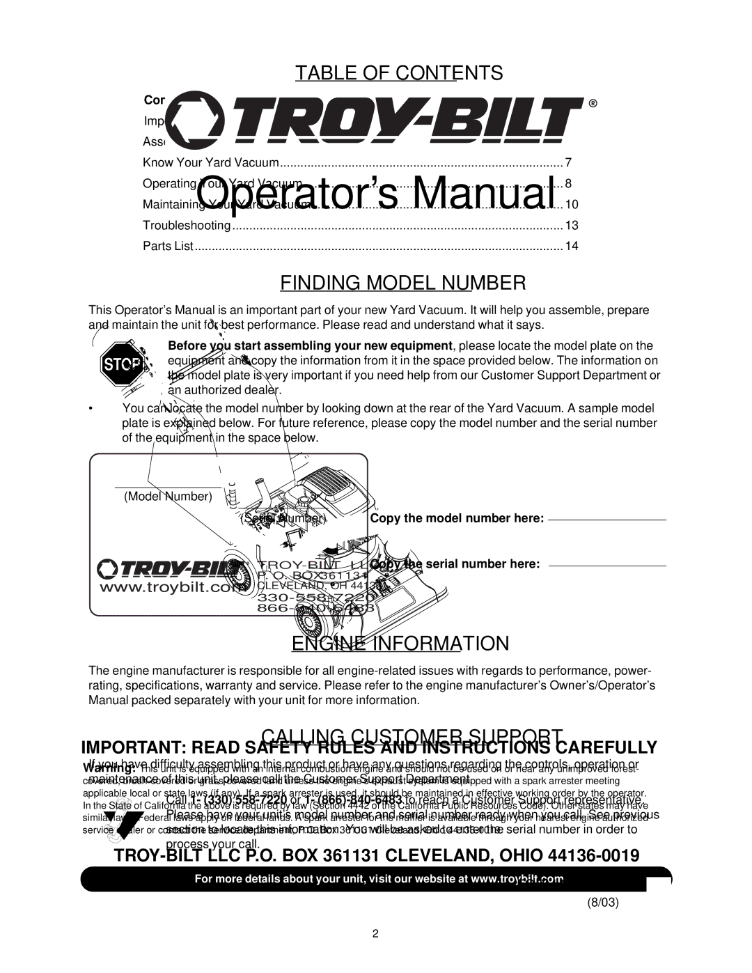 Troy-Bilt 24C-060F063, 24B-060F063 Table of Contents, Finding Model Number, Engine Information, Calling Customer Support 