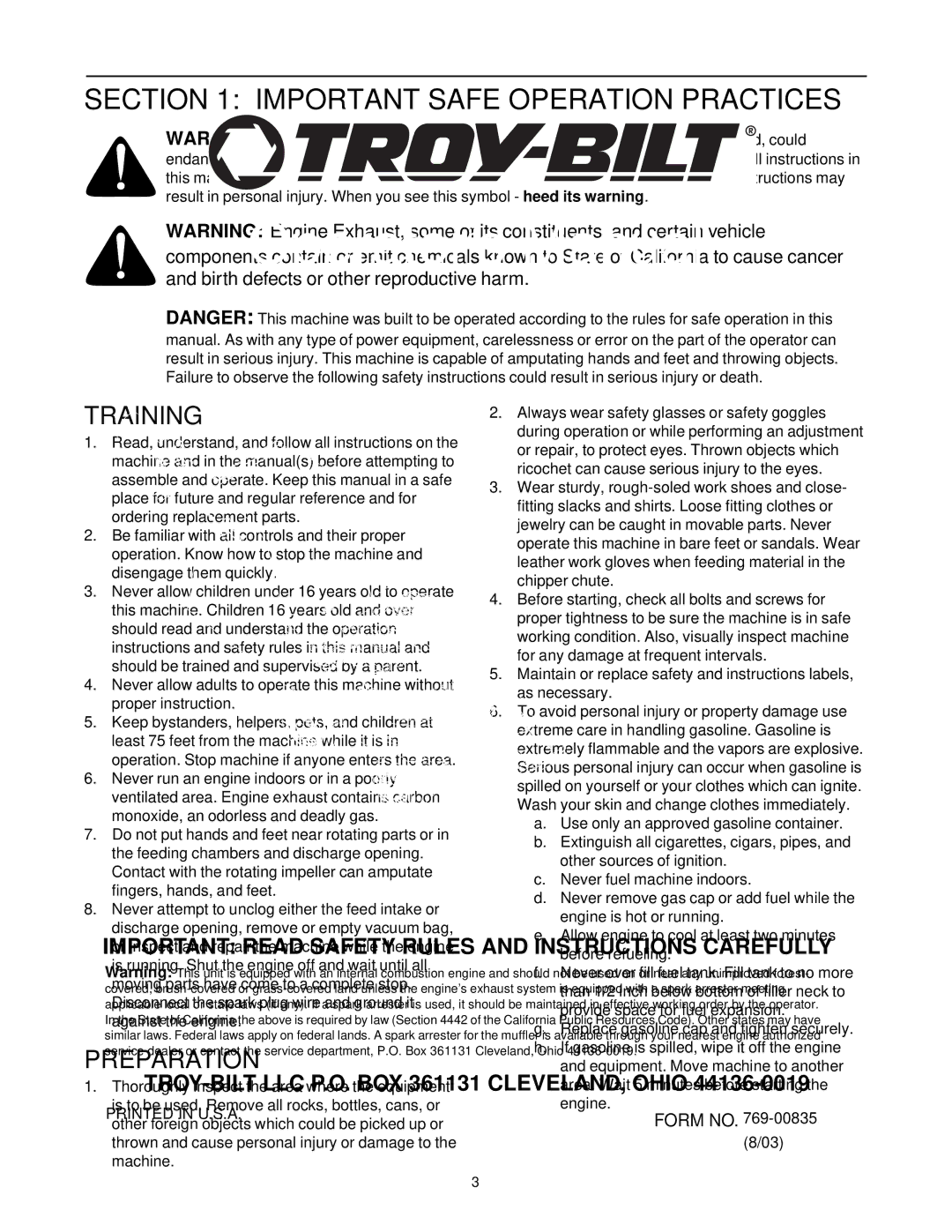 Troy-Bilt 24B-060F063, 24C-060F063 manual Important Safe Operation Practices, Training, Preparation 