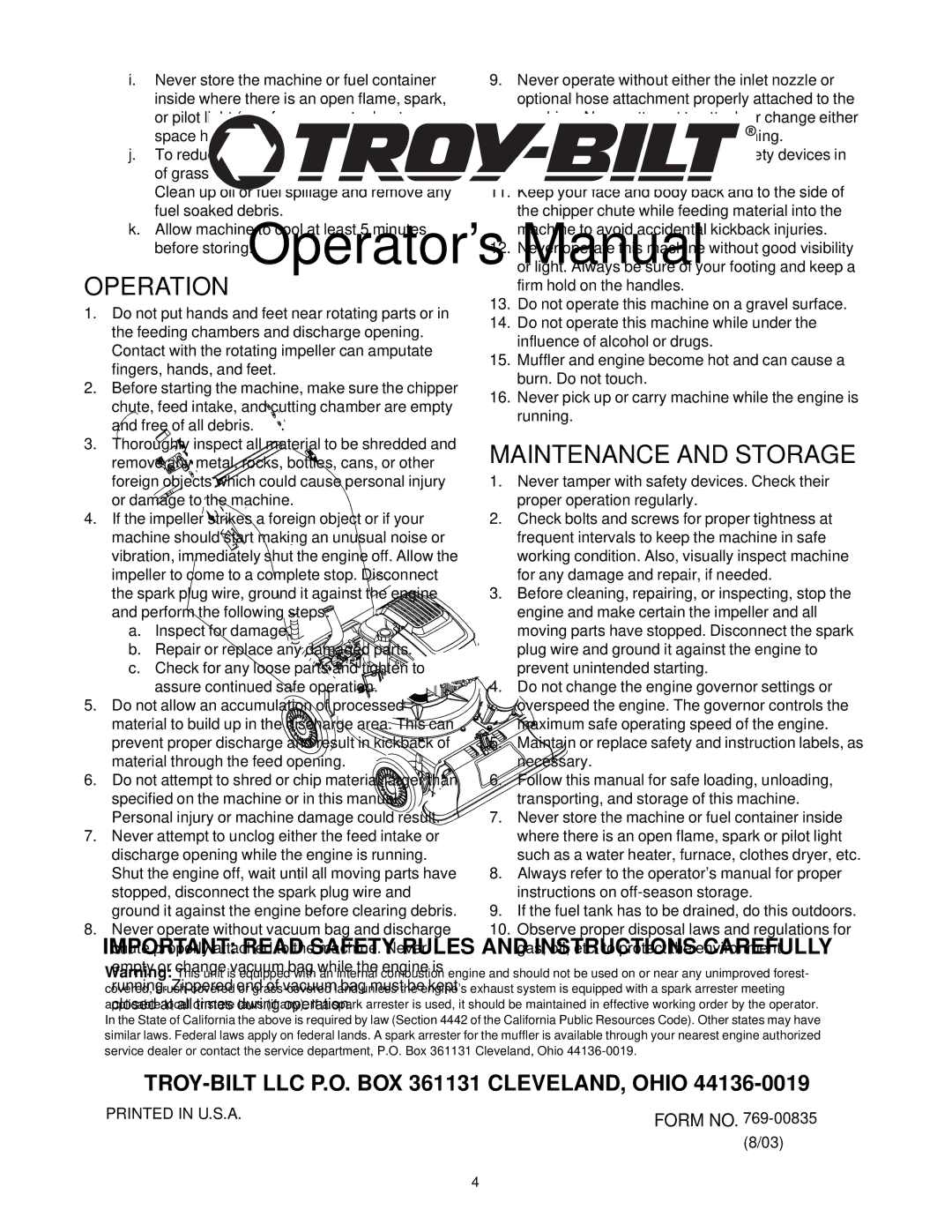 Troy-Bilt 24C-060F063, 24B-060F063 manual Operation, Maintenance and Storage 