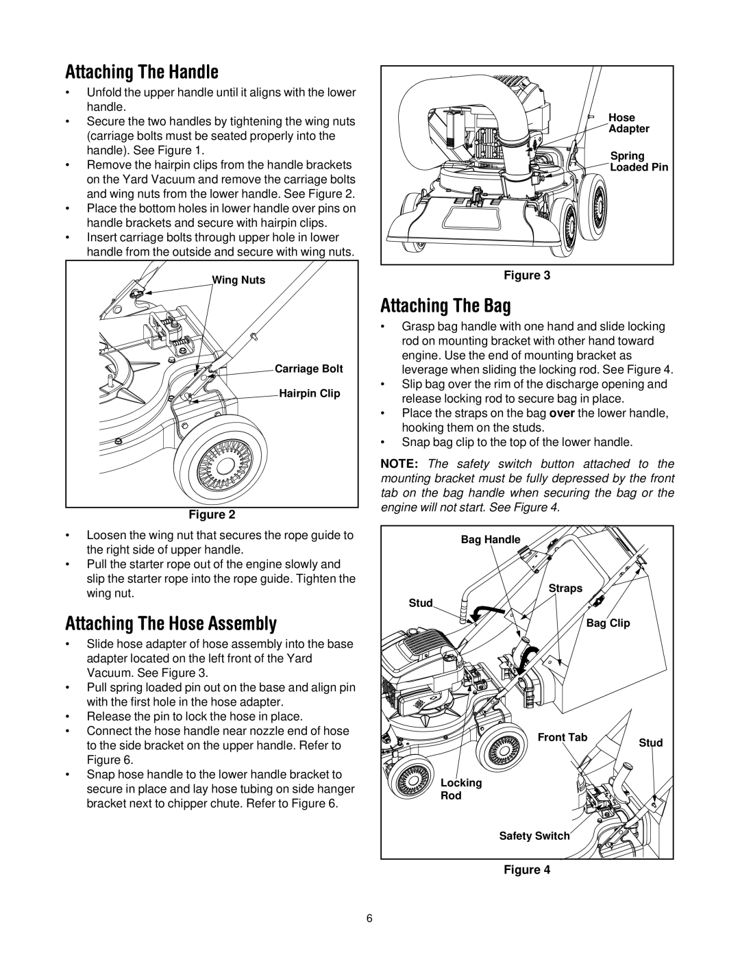 Troy-Bilt 24C-060F063, 24B-060F063 manual Attaching The Handle, Attaching The Hose Assembly, Attaching The Bag 