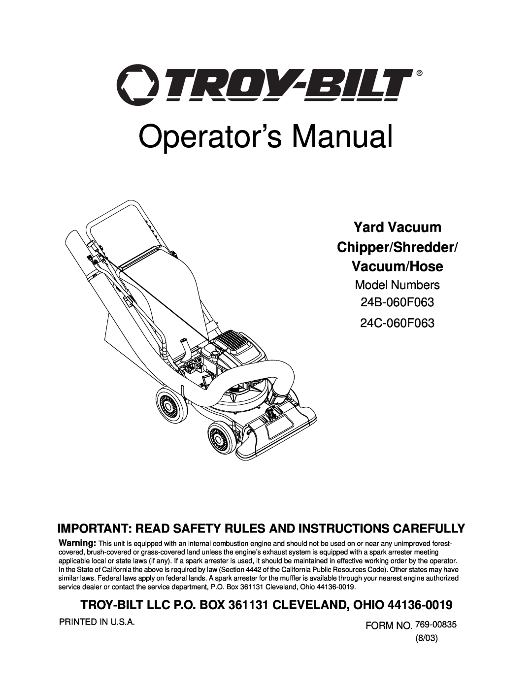Troy-Bilt 24B-060F063, 24C-060F063 manual Yard Vacuum Chipper/Shredder Vacuum/Hose, Operator’s Manual 