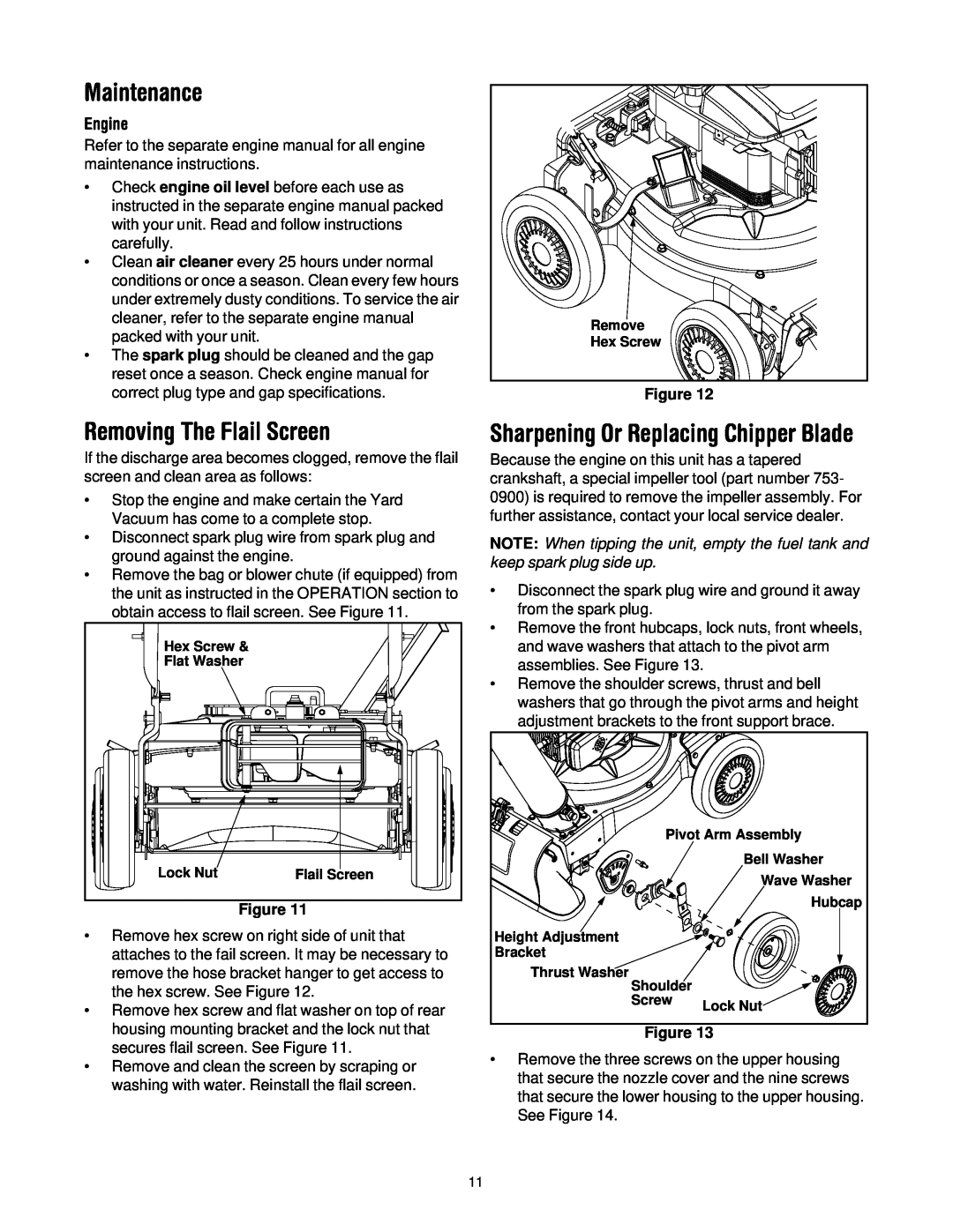 Troy-Bilt 24B-060F063 manual Maintenance, Removing The Flail Screen, Sharpening Or Replacing Chipper Blade, Engine, Figure 