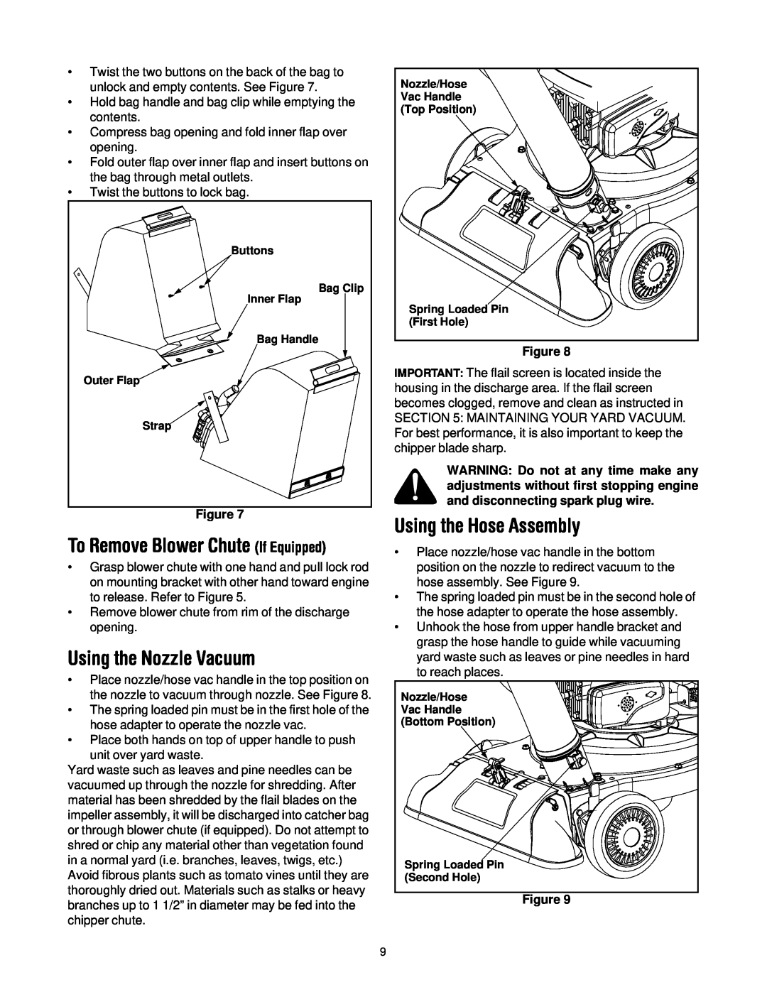 Troy-Bilt 24B-060F063 manual Using the Nozzle Vacuum, Using the Hose Assembly, To Remove Blower Chute If Equipped, Figure 