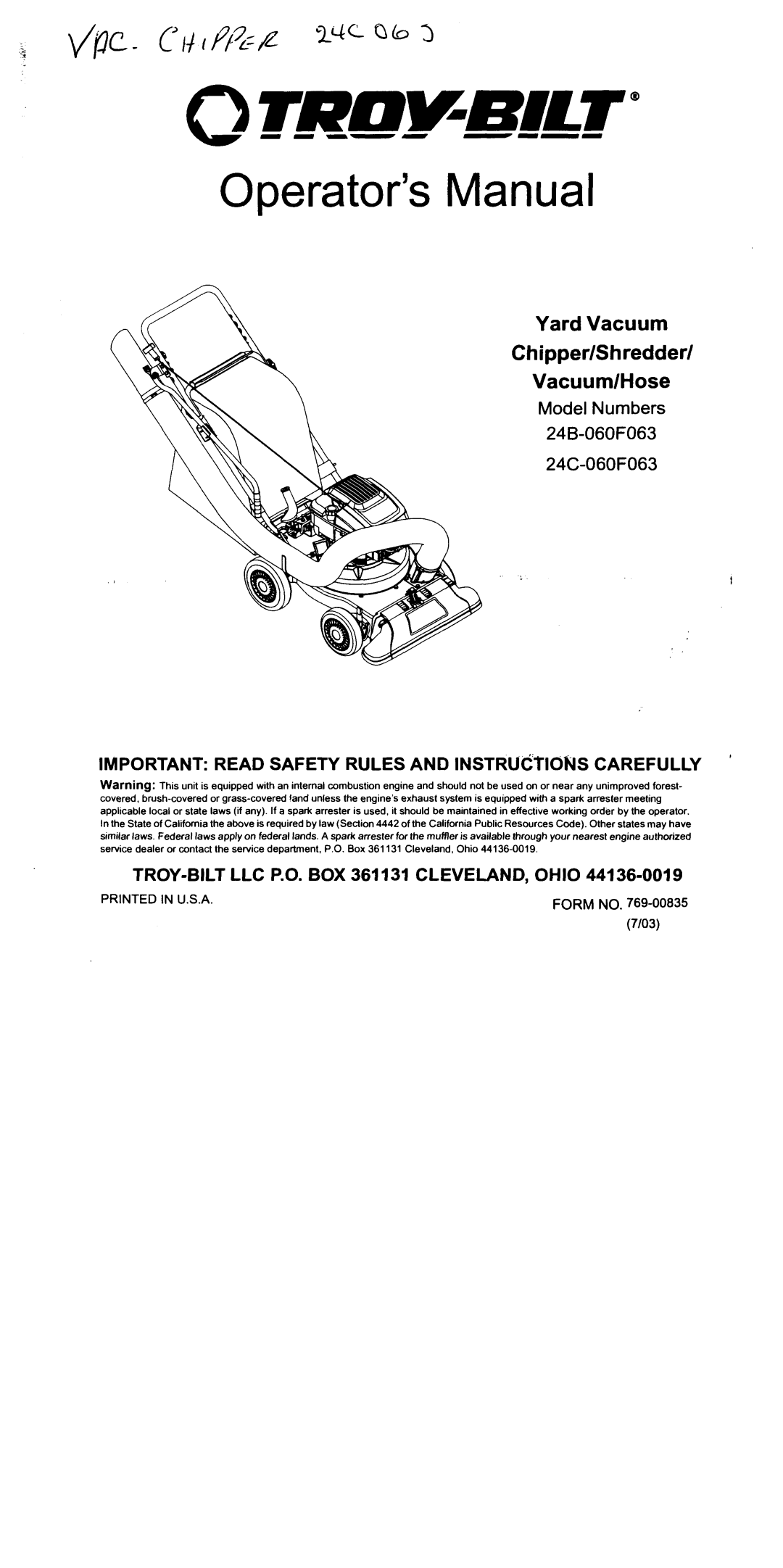 Troy-Bilt 24B-2060F063, 24C-2060F063 manual 