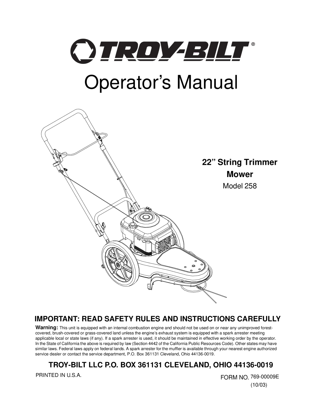 Troy-Bilt 258 manual Operator’s Manual 