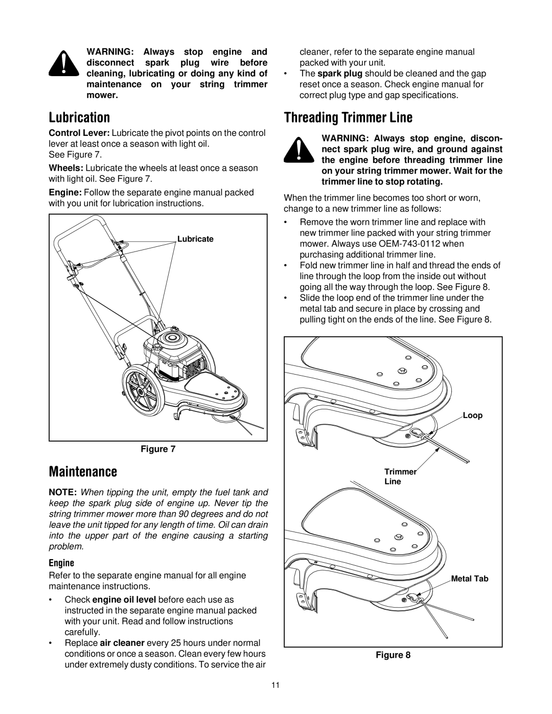 Troy-Bilt 258 manual Lubrication, Maintenance, Threading Trimmer Line, Engine 