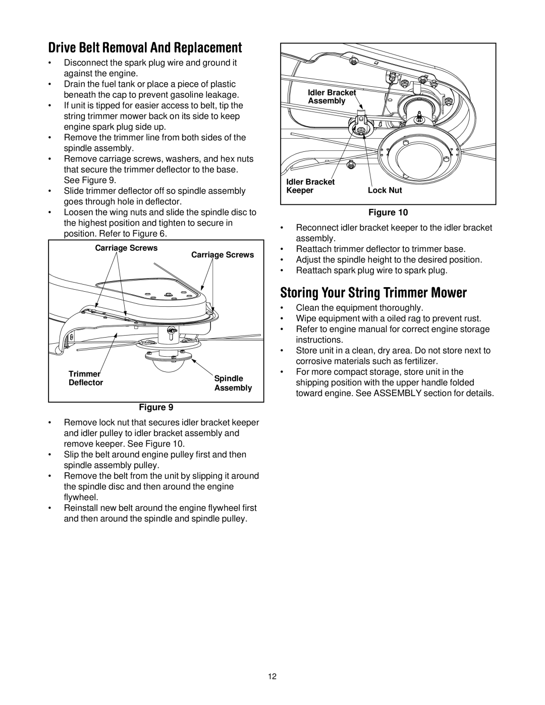 Troy-Bilt 258 manual Storing Your String Trimmer Mower, Drive Belt Removal And Replacement 