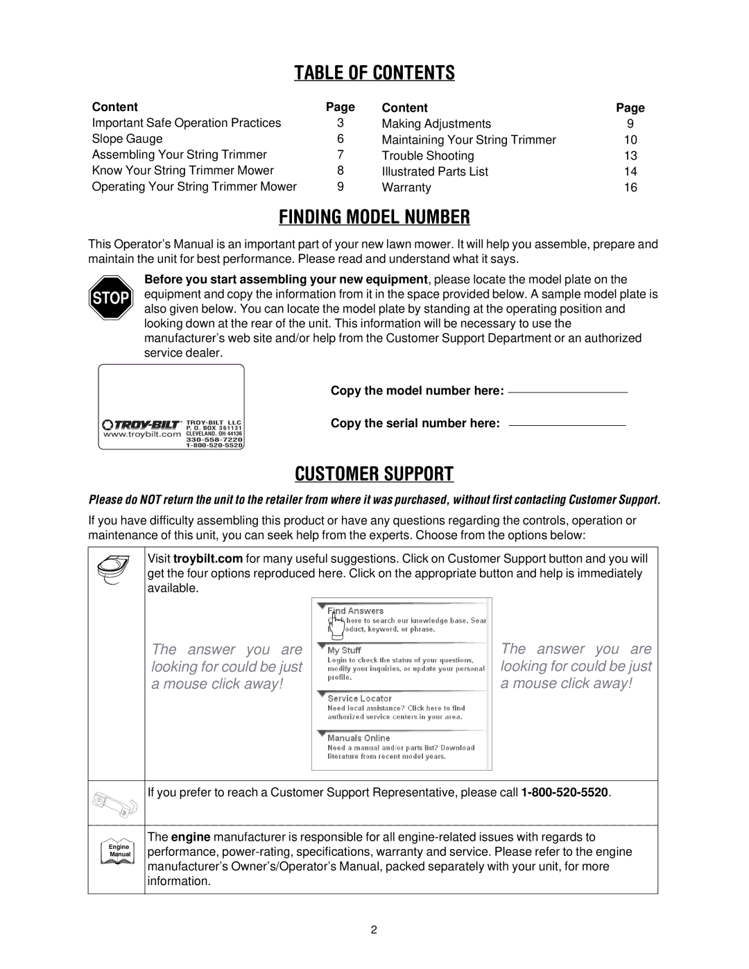 Troy-Bilt 258 manual Table of Contents 