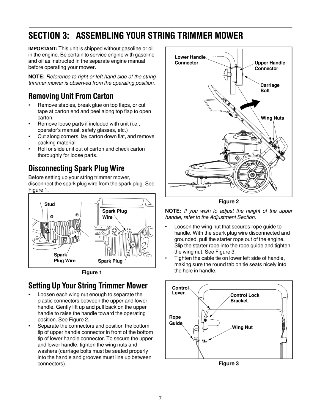 Troy-Bilt 258 manual Assembling Your String Trimmer Mower, Removing Unit From Carton, Disconnecting Spark Plug Wire 