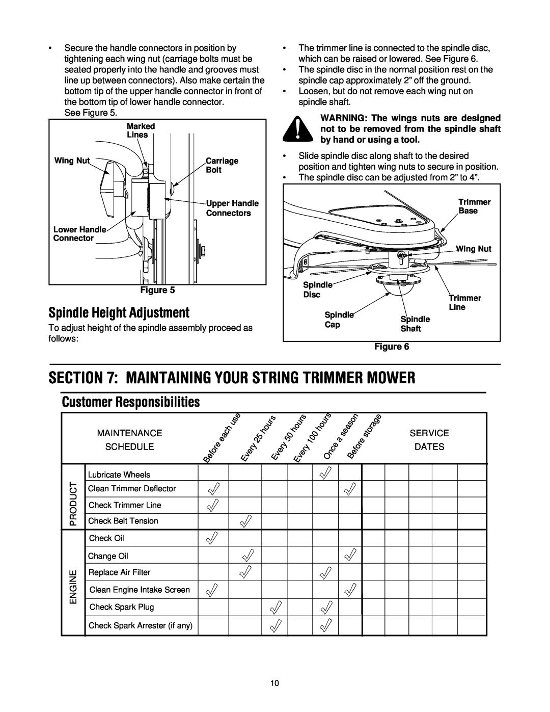 Troy-Bilt 258 manual Maintaining Your String Trimmer Mower, Spindle Height Adjustment, Customer Responsibilities 