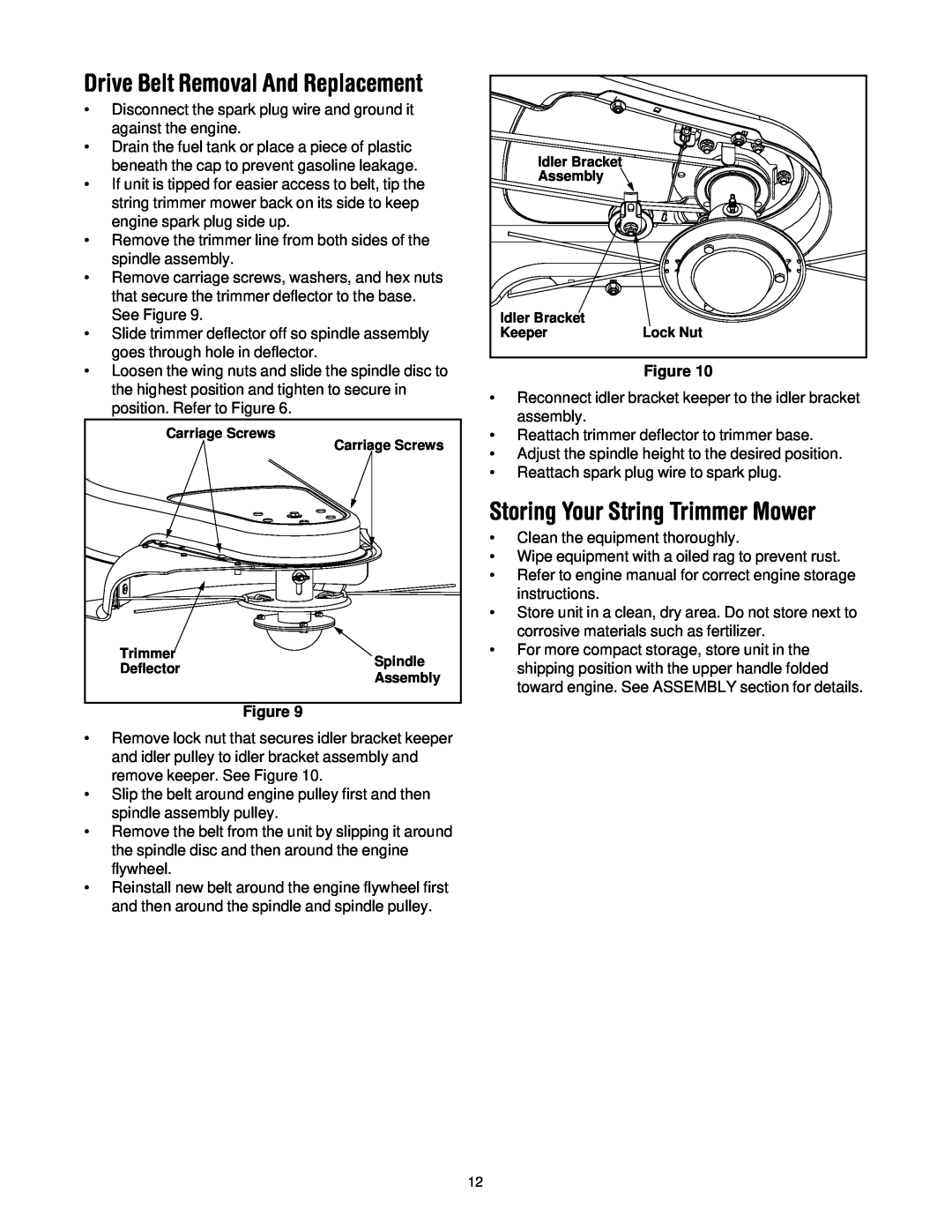Troy-Bilt 258 manual Storing Your String Trimmer Mower, Drive Belt Removal And Replacement 