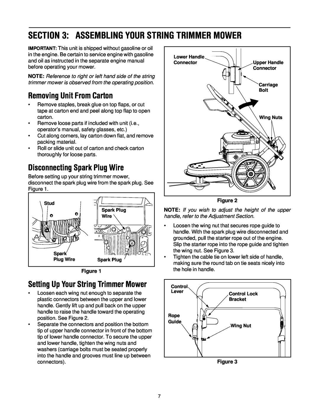 Troy-Bilt 258 manual Assembling Your String Trimmer Mower, Removing Unit From Carton, Disconnecting Spark Plug Wire 