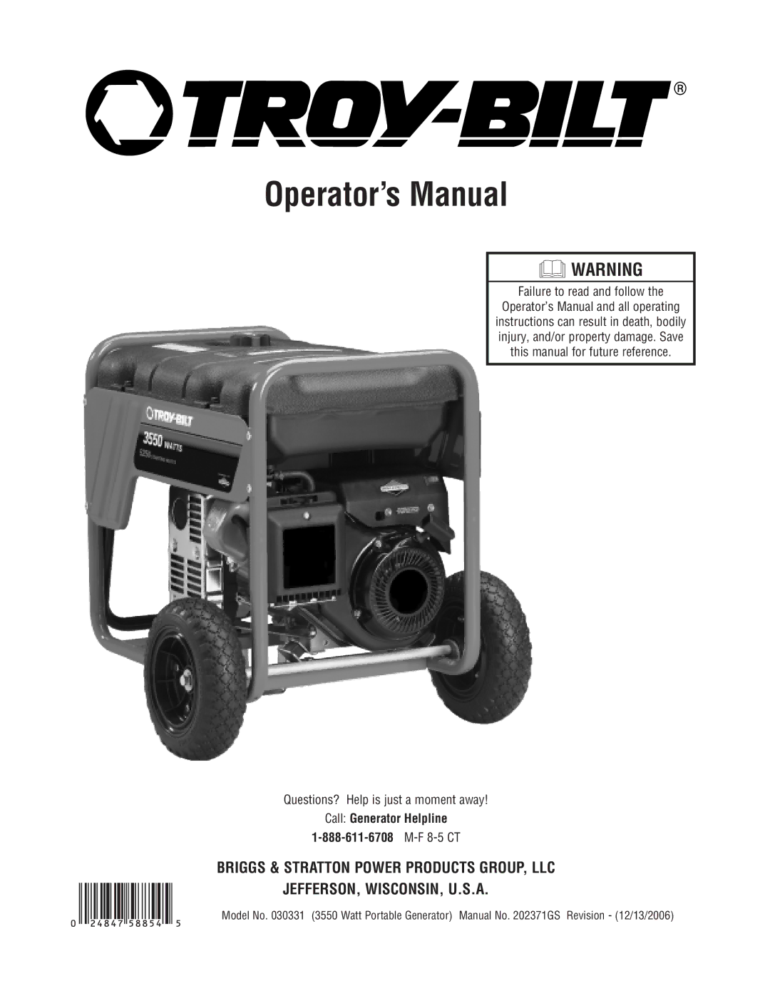 Troy-Bilt 30331 manual Failure to read and follow, Questions? Help is just a moment away, Call Generator Helpline 