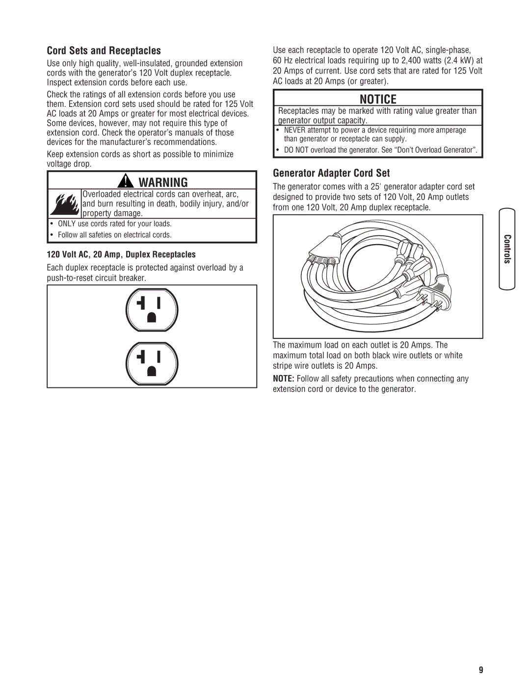 Troy-Bilt 30331 manual Cord Sets and Receptacles, Generator Adapter Cord Set, Property damage 