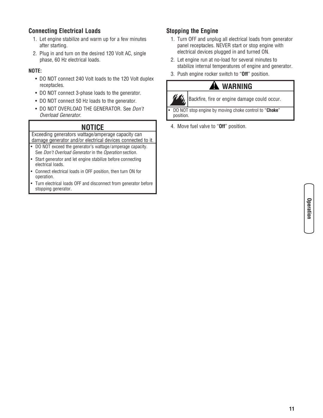 Troy-Bilt 30331 manual Connecting Electrical Loads, Stopping the Engine, Move fuel valve to Off position 