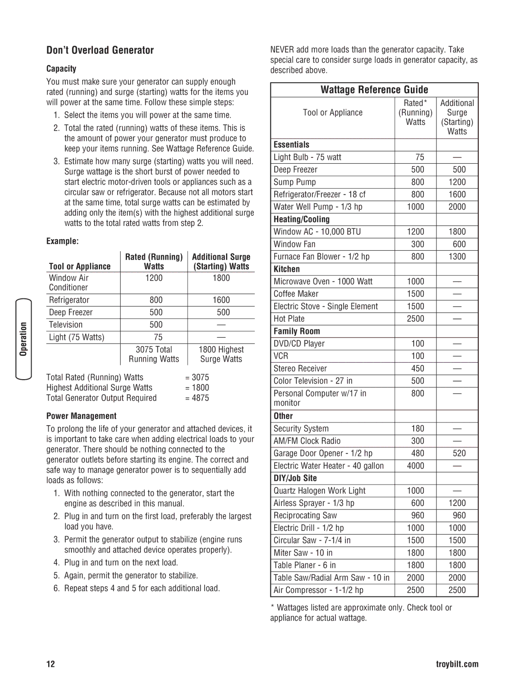 Troy-Bilt 30331 manual Don’t Overload Generator, Wattage Reference Guide 