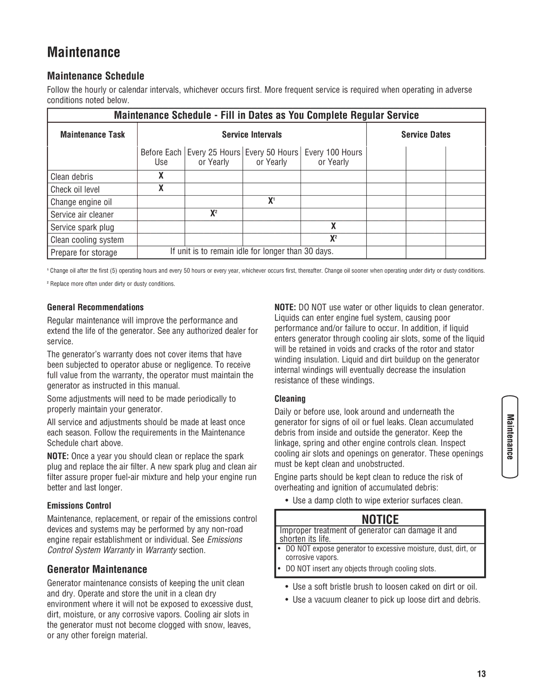 Troy-Bilt 30331 manual Maintenance Schedule, Generator Maintenance 