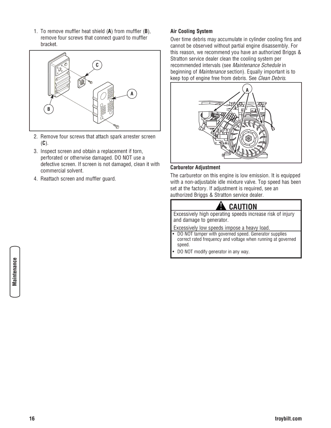 Troy-Bilt 30331 manual Air Cooling System, Carburetor Adjustment 